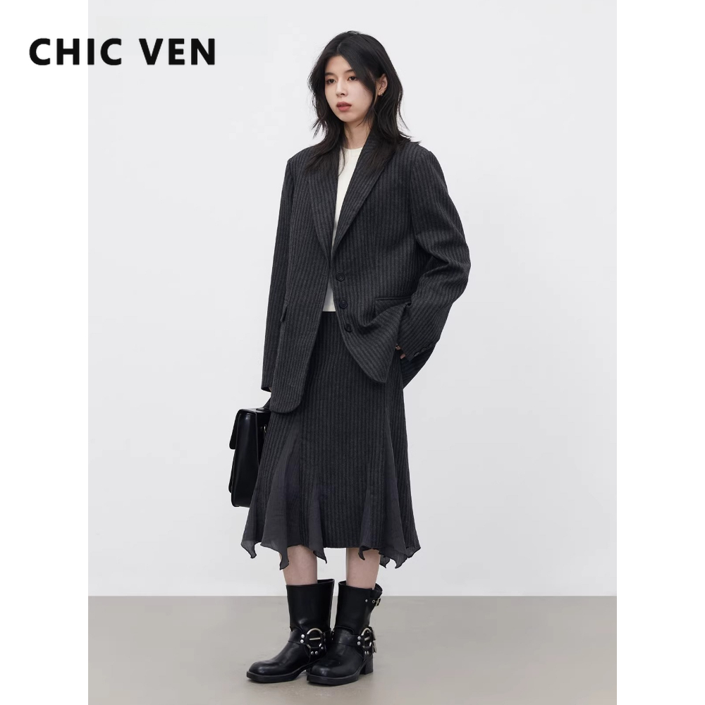 Wool Suit Jacket - CHIC VEN ファッション レディース ウールブレザーコート ルーズカジュアル