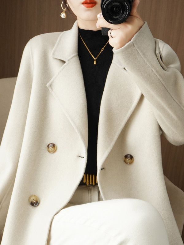Wool Suit Jacket - トレンディな厚手のウールコート女性のスーツの襟アウターカジュアルハイウエスト韓国スタイル長袖ジャケット冬用