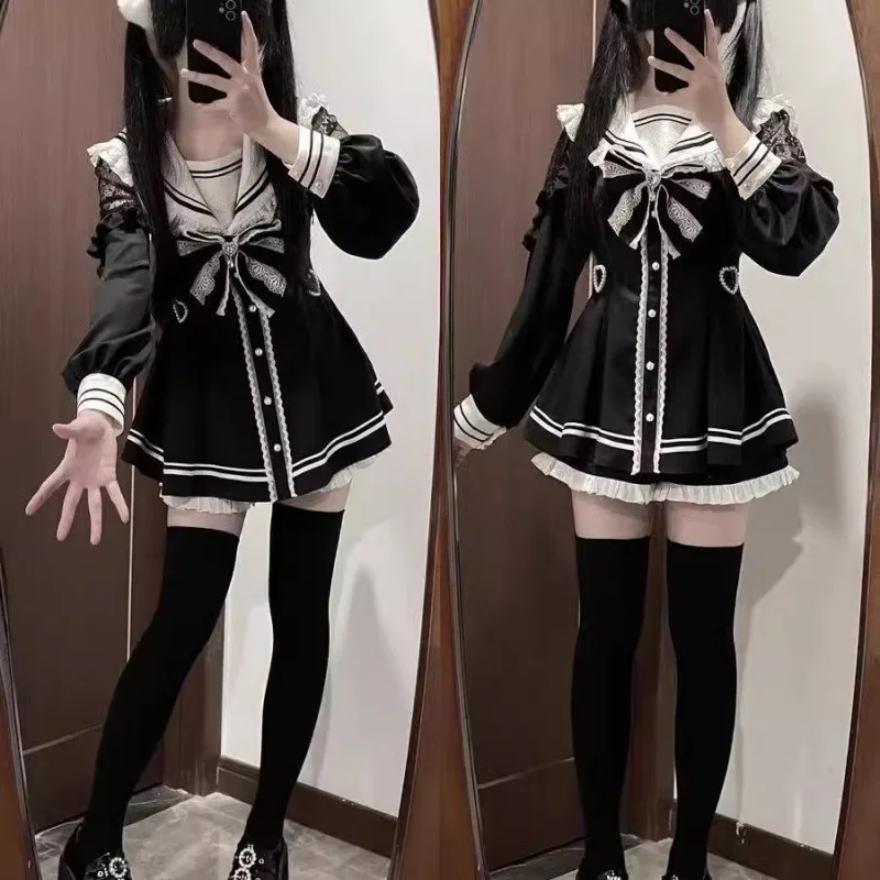 Slim Fit Suit Set - 女の子 Jirai Kei コスプレドレス女性レースパッチワークスリムフィットドレス JK 制服和菓子インナーショーツセット