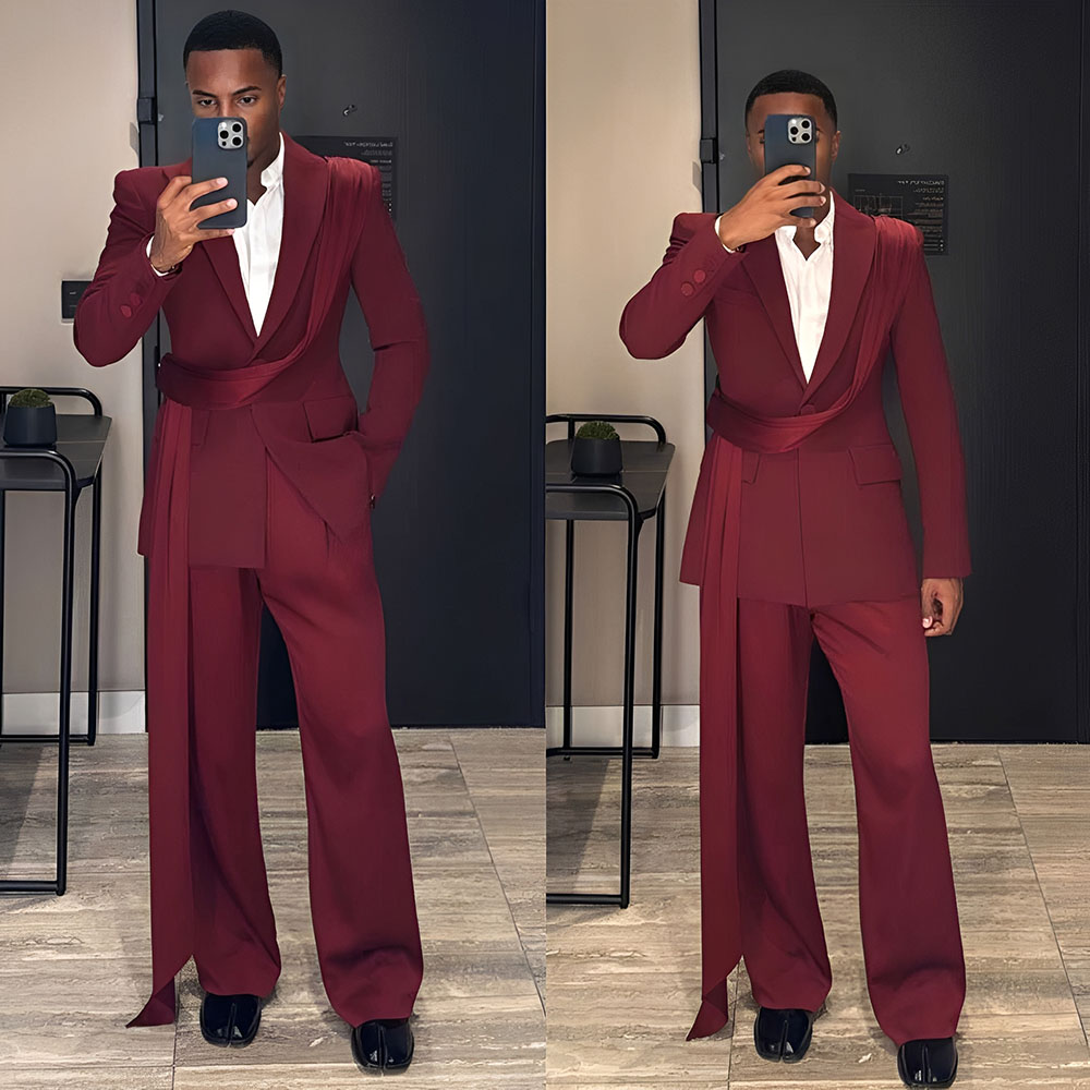 Men'S Formal Wear Rental - ブルゴーニュ新メンズスーツ 2 ピース結婚式新郎タキシードファッションブレザーパンツハイエンドパーティー XS-5XL カスタム衣装