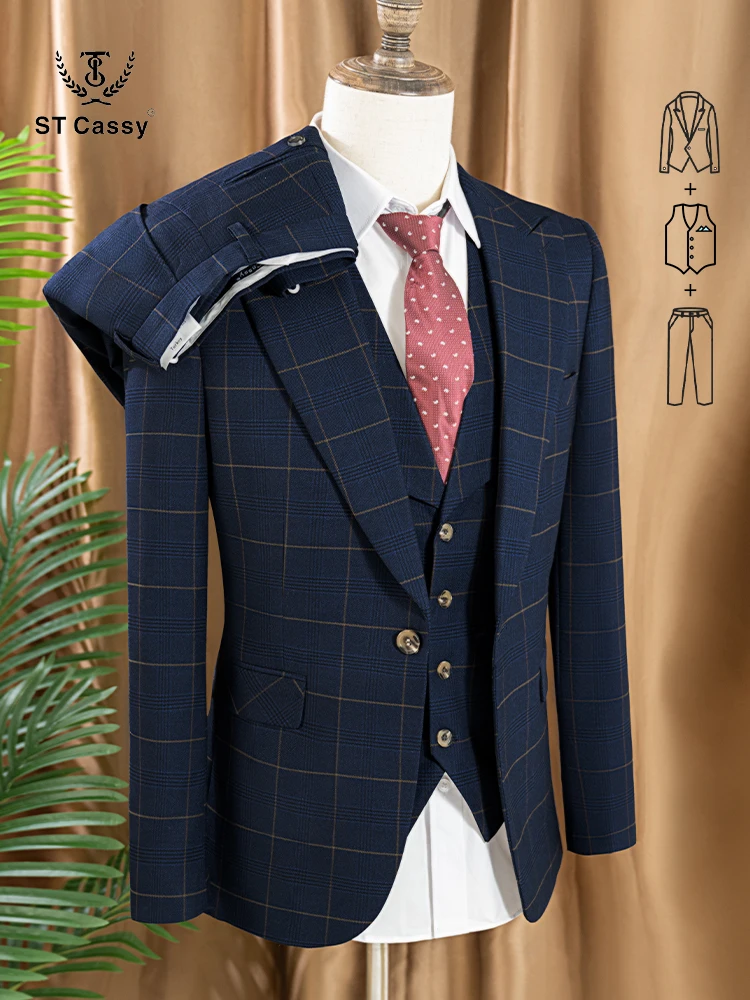 Slim Fit Suit Set - 高品質3ピースチェック柄スーツセット ダークブルー スタイリッシュ ビジネス オフィス 結婚式