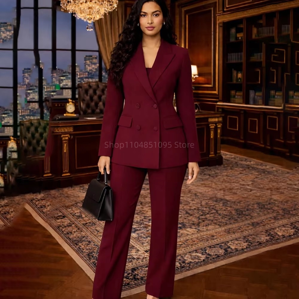 Wool Suit Jacket - ファッションシックなバーガンディスーツ女性のためのダブルブレスト 2 ピースジャケットパンツ女性服スリムフィットオフィスレディースコスチューム