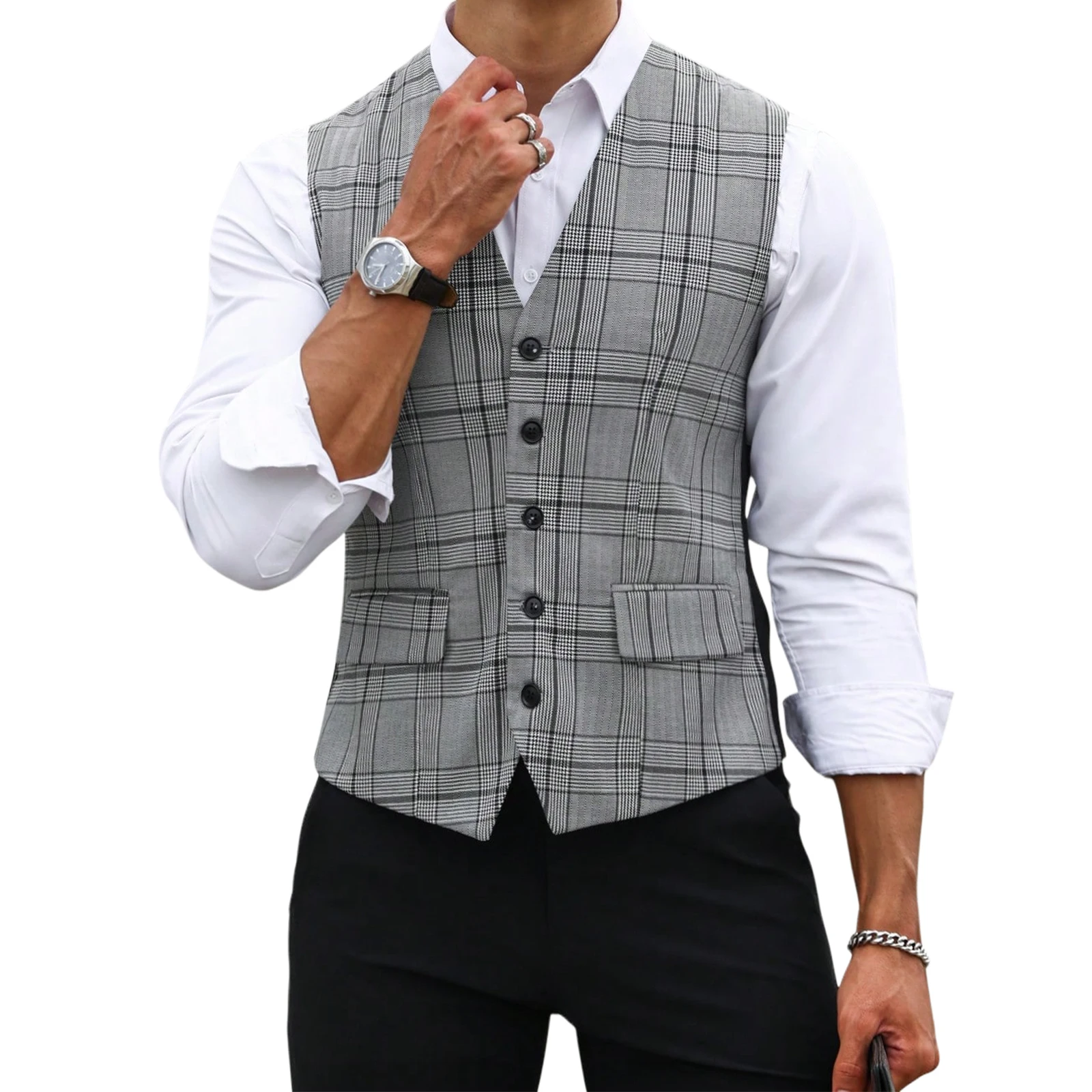Men'S Formal Wear Rental - 男性グレーチェック柄スーツベストスリムフィット V ネックシングルブレストチョッキフォーマルビジネス結婚式ノースリーブジャケット調節可能