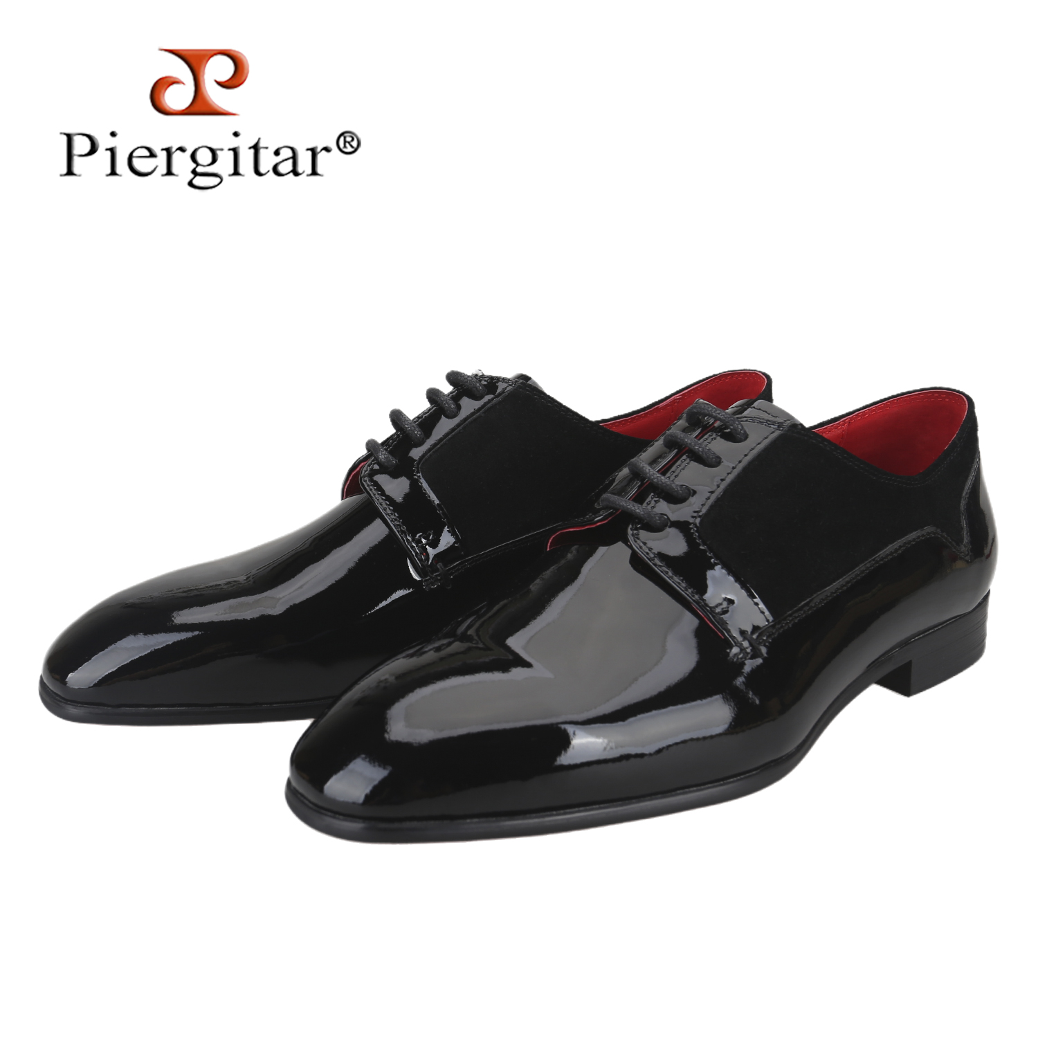 Men Formal Wear Brands - ピエルギタール イタリアの高級ブランド ブラックパテントレザー パッチワークスエード オックスフォード フォーマルシーン用