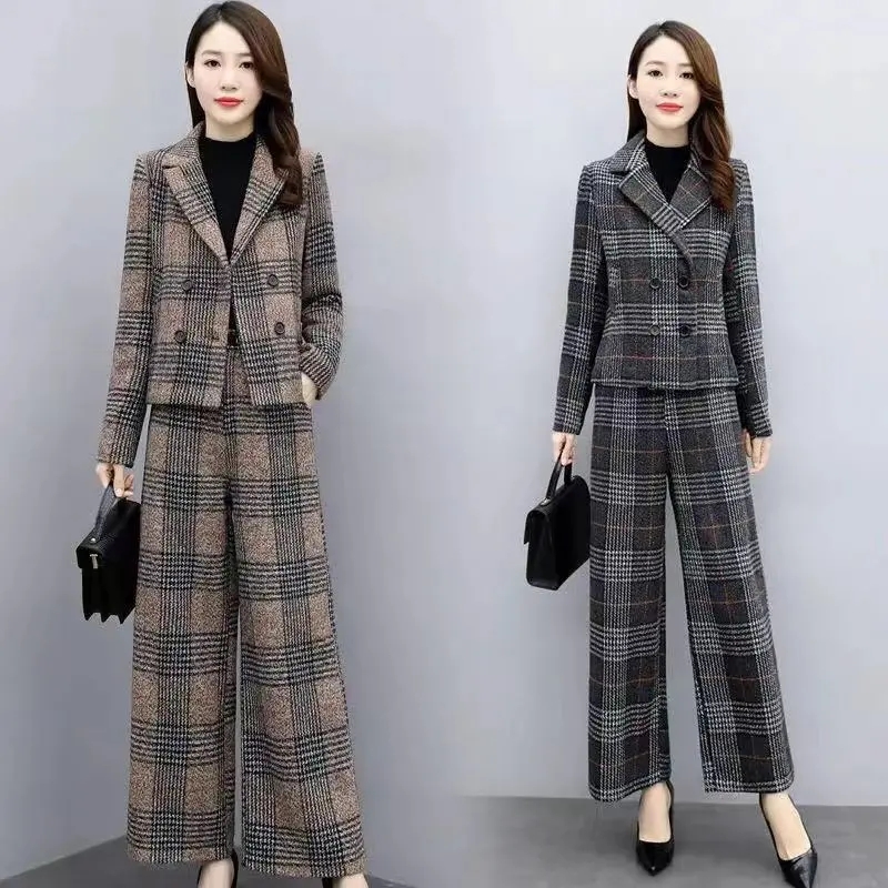 Wool Suit Jacket - ファッションワイドレッグパンツスーツ レディース トレンド 2026 秋冬新作 ウールチェック柄ブレザージャケット+パンツ