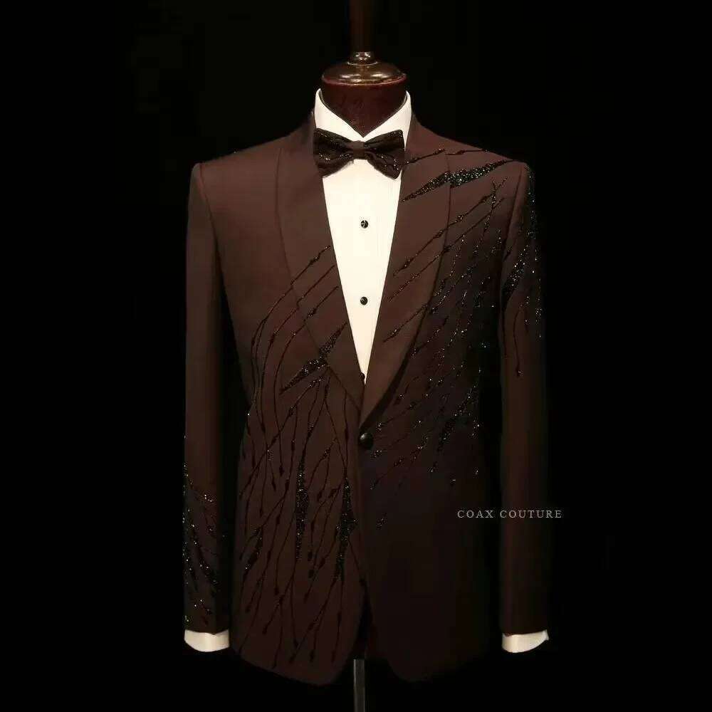 ブラウン高級フォーマルメンズスーツビーズクリスタルツーピース - High End Men'S Formal Wear のレビューと価格