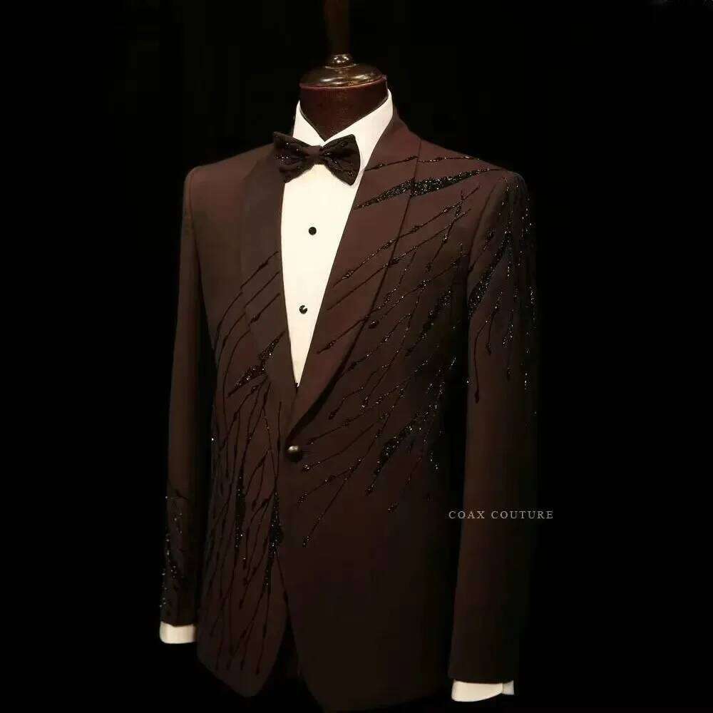 ブラウン高級フォーマルメンズスーツビーズクリスタルツーピース - High End Men'S Formal Wear のレビューと価格