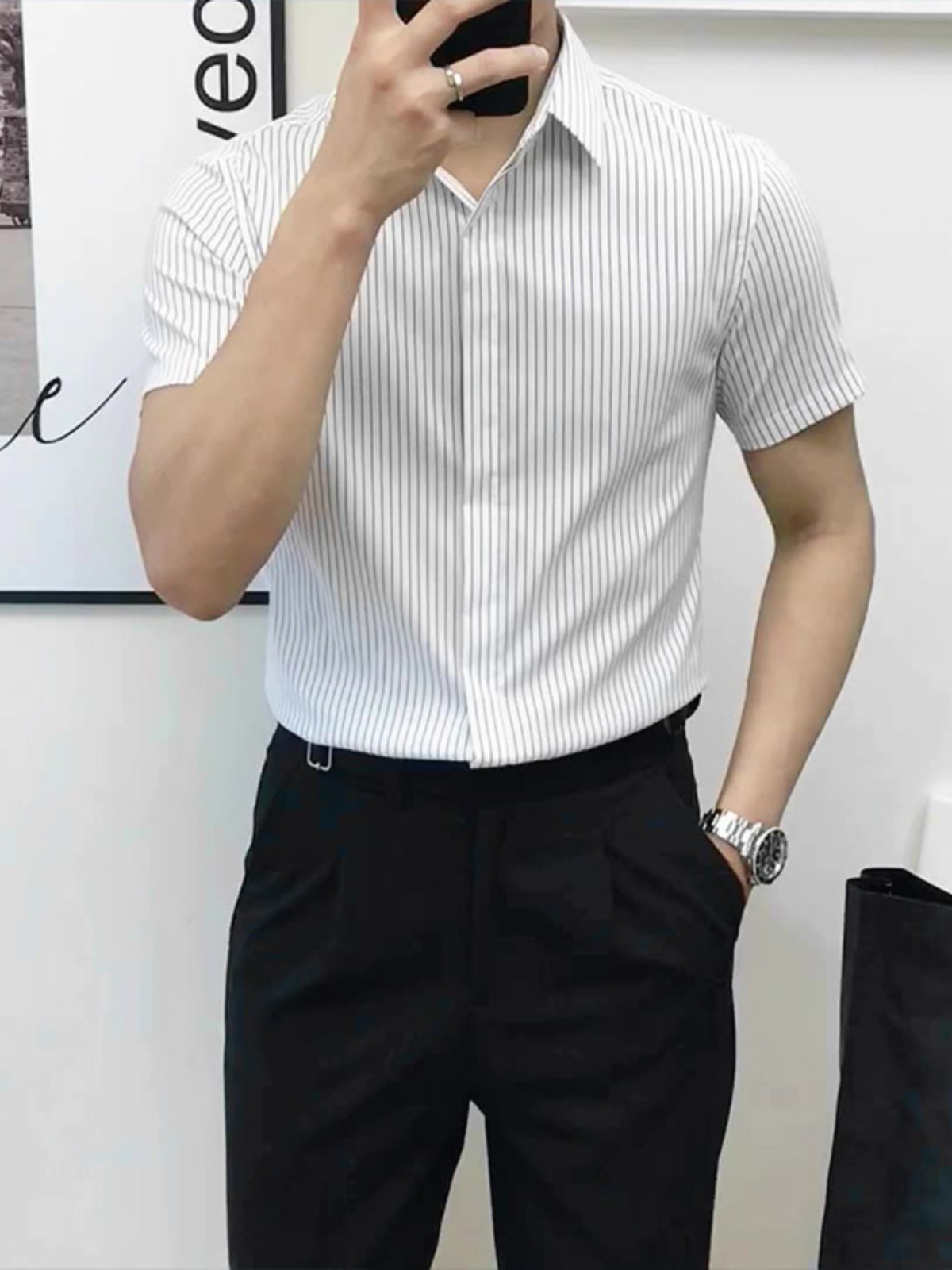 スリムフィットストライプ半袖シャツ メンズ ファッション ビ - Men'S Urban Formal Wear のレビューと価格