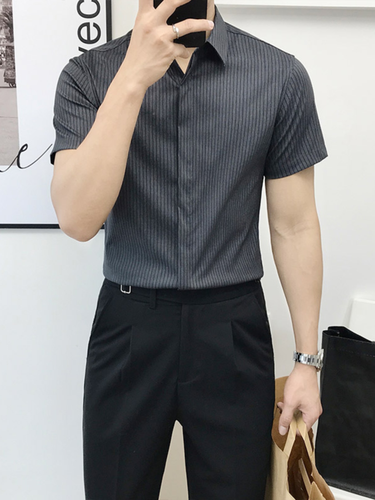 スリムフィットストライプ半袖シャツ メンズ ファッション ビ - Men'S Urban Formal Wear のレビューと価格