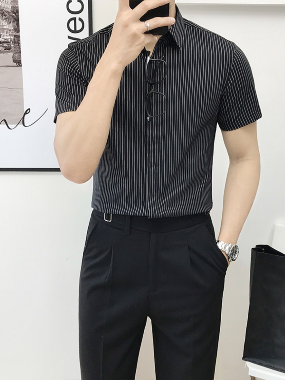 スリムフィットストライプ半袖シャツ メンズ ファッション ビ - Men'S Urban Formal Wear のレビューと価格