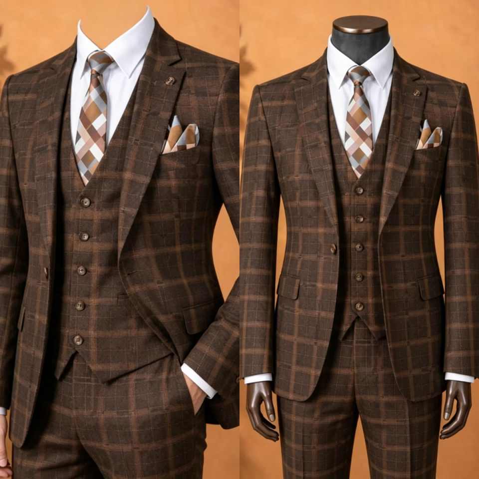 エレガントなブラウンのプレイド柄メンズ3ピーススーツ（ジャケ - Men Formal Wear Brown のレビューと価格