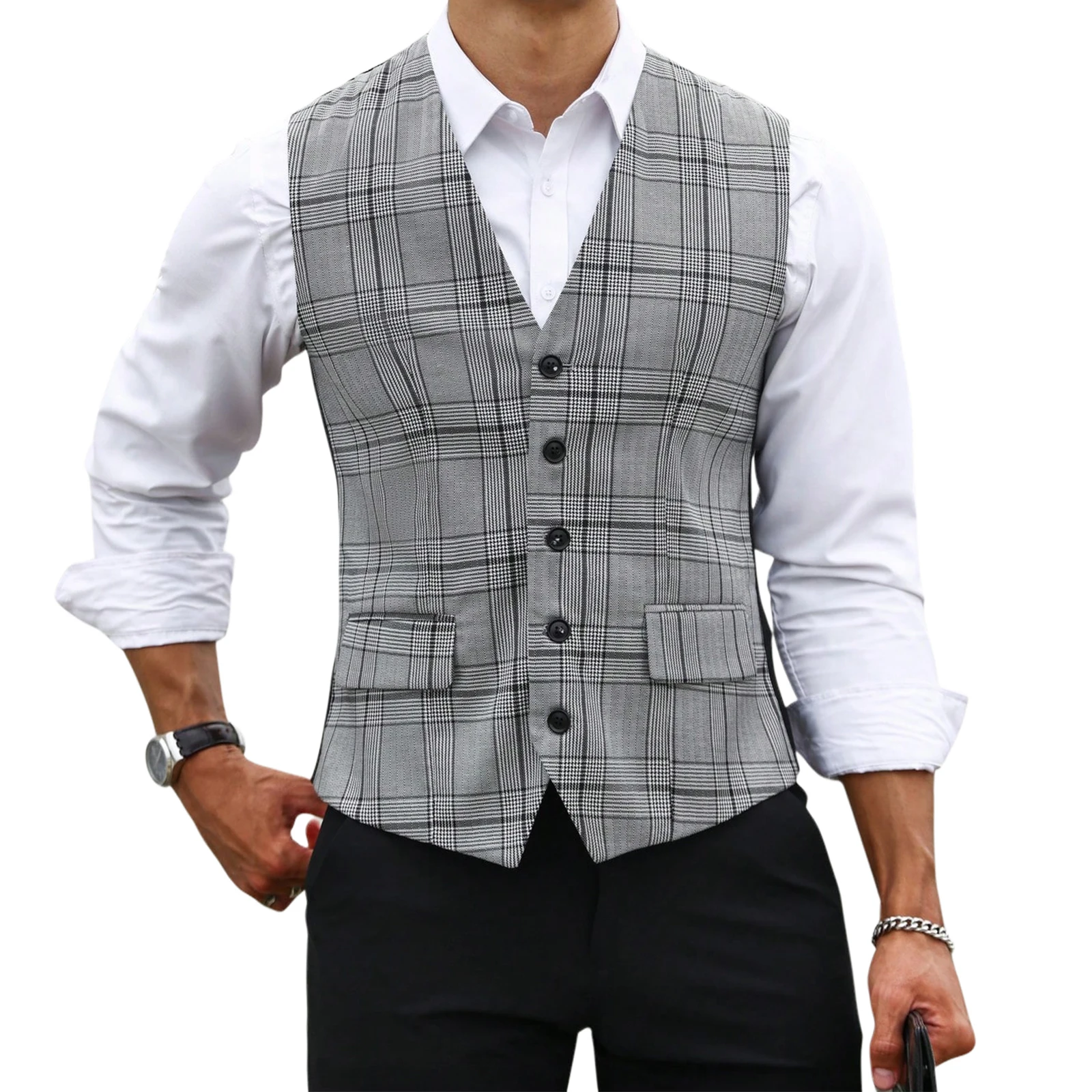 男性グレーチェック柄スーツベストスリムフィット V ネックシ - Men'S Formal Wear Rental のレビューと価格