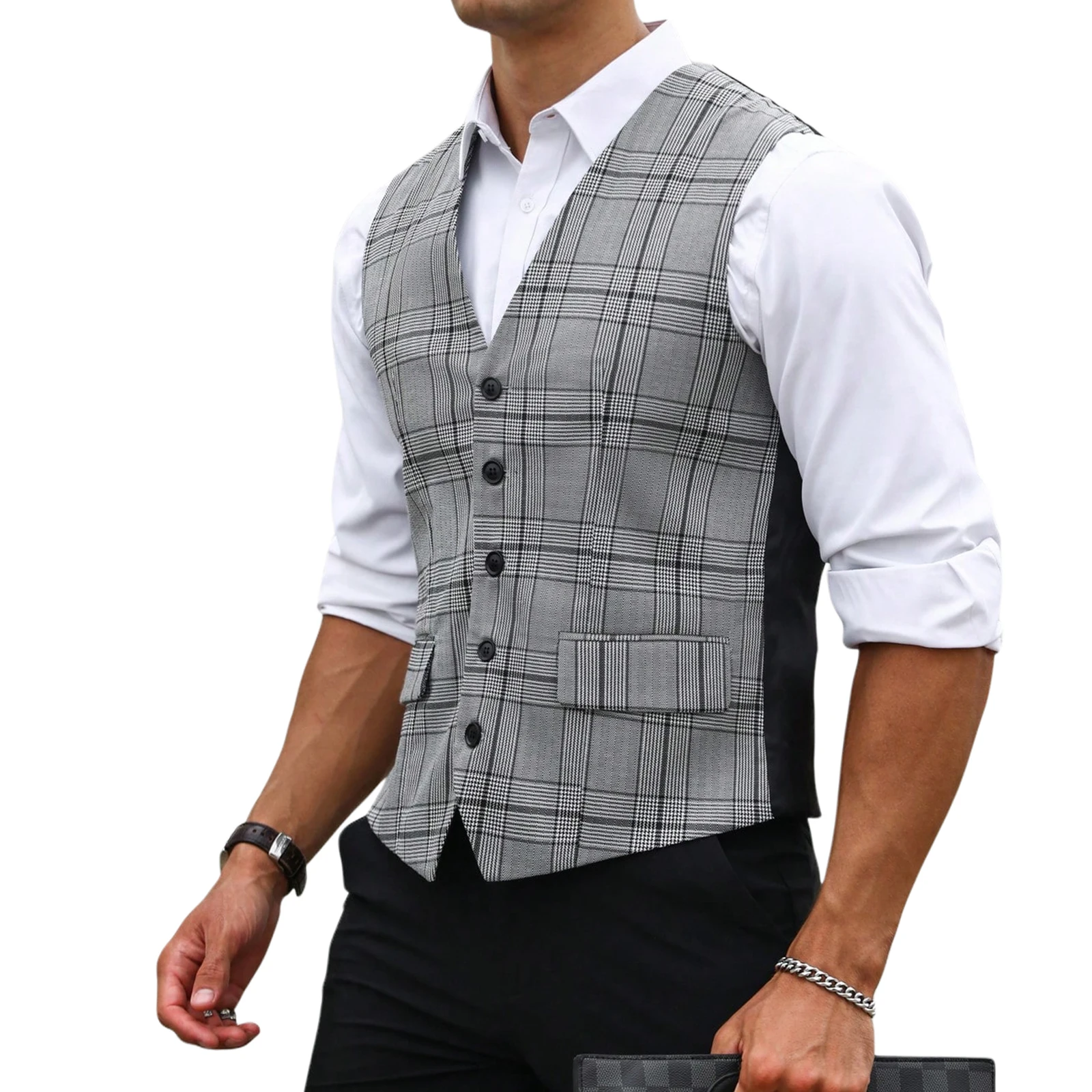 男性グレーチェック柄スーツベストスリムフィット V ネックシ - Men'S Formal Wear Rental のレビューと価格