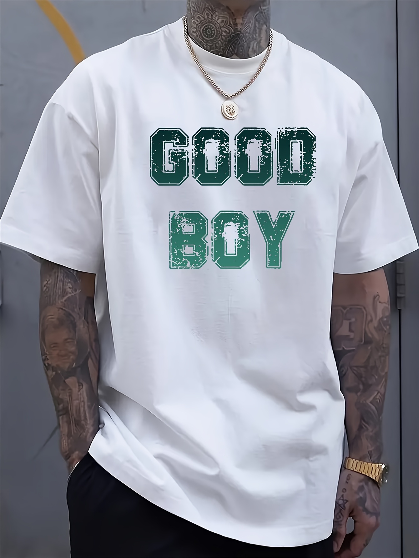 メンズ「Good Boy」プリントTシャツ、白地に緑の太字、 - Men'S Urban Formal Wear のレビューと価格